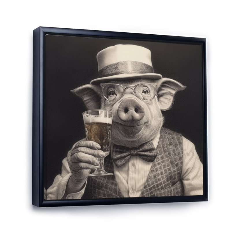 Cochon ayant un verre - Art mural, H 30 po x l 30 po x P 1 po, Cadre flottant noir