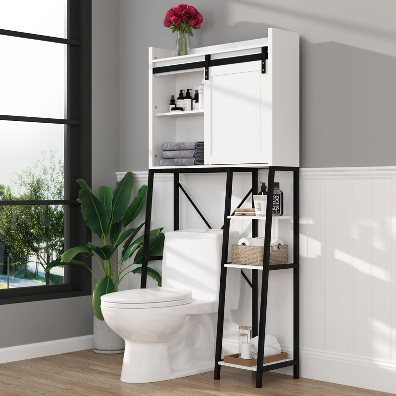 Over The Toilet Storage Cabinet With Sliding Barn Door, Bathroom Shelves Over Toilet Storage Featuring Adjustable Shelves And Side Storage Rack For Compact Bathrooms Use White