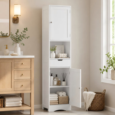 Grande armoire de rangement pour salle de bain avec 2 portes, 1 tiroir et tablettes réglables