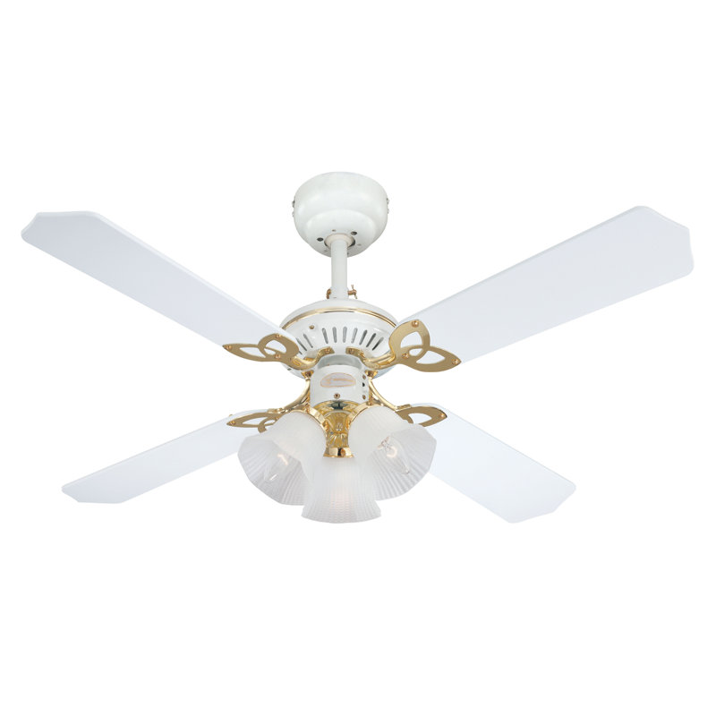 Gemmenne 105cm Ceiling Fan with Light Kit, White and Polished Brass / White Cane or White