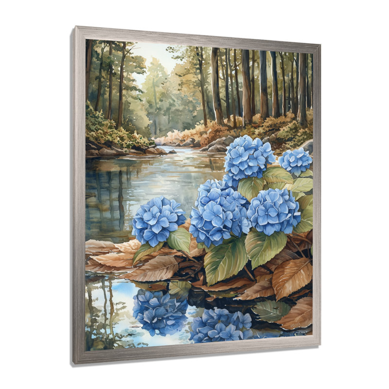 «Hydrangeas By The Forest River II», art mural sur toile à motif floral, Argent argent, H 20 po x l 12 po