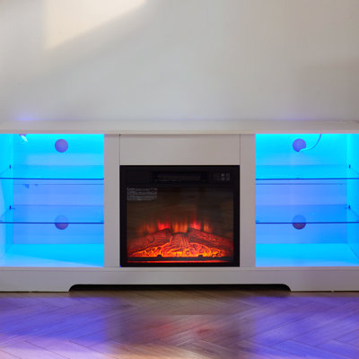 Meuble télé blanc pour foyer électrique, flamme réglable, pour téléviseur de 32 à 62 po, console de l 58 po x P 15,5 po x H 24,4 po, l 58 po, s'adapte au réglage de la vitesse de combustion de la flamme, aux compartiments de rangement