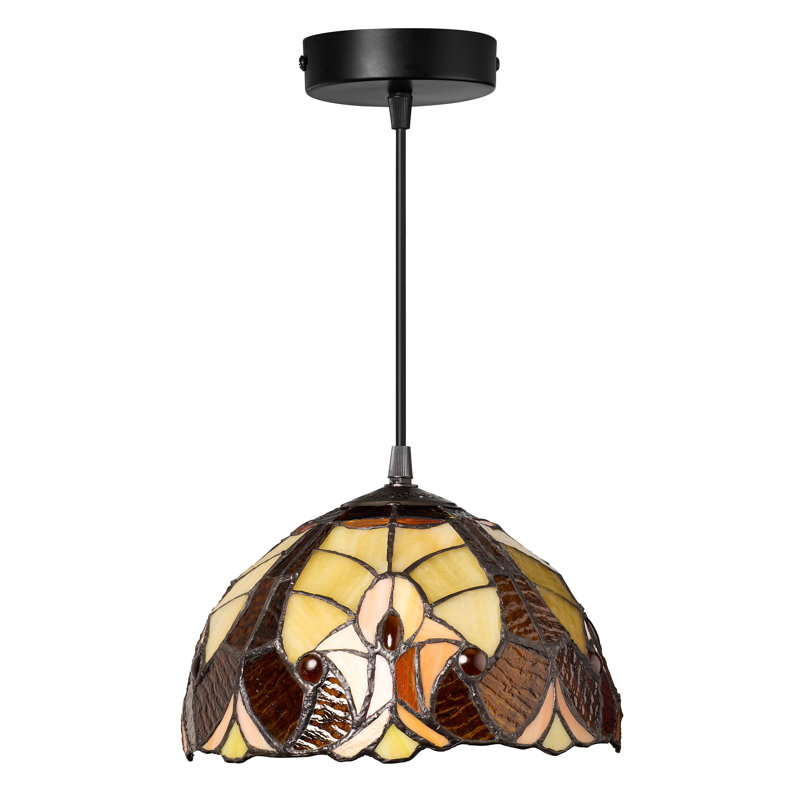 10.25"W Stained Glass Traditional Dome Shade Pendant, Brown/Yellow/Ivory