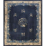 Antique Peking Chinese Floral, Medallion Navy 1900s Rug