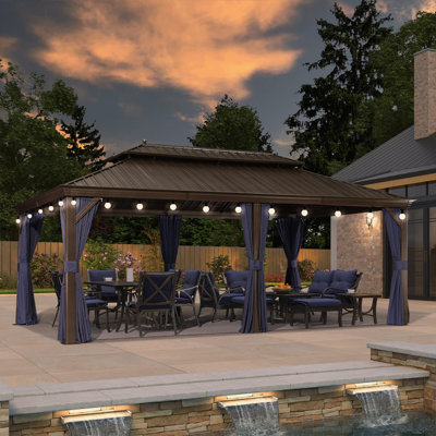 Pavillon de pavillon mauve à toit rigide avec filet et rideaux, avec guirlandes lumineuses de 48 pi