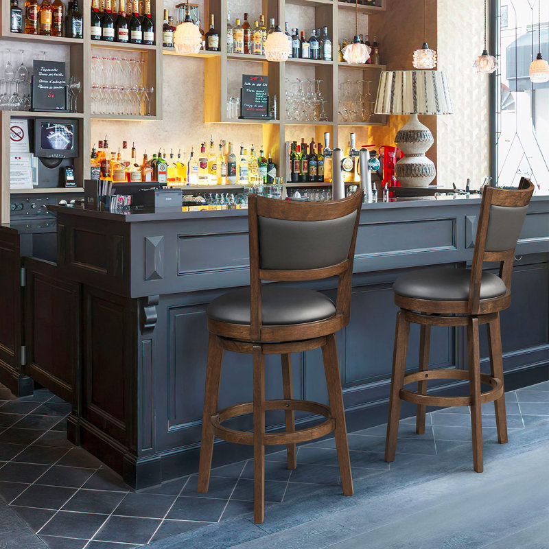 Swivel Stools Set Of 2, Black Faux Leather Upholstered Seat & Solid Wood Footrest, Stool For Kitchen Island & Pub