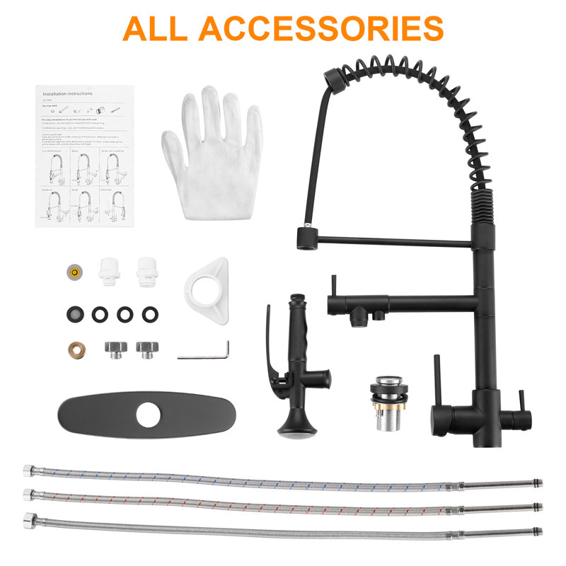 Robinet de cuisine escamotable de style commercial avec robinet d'eau de cuisine 3 en 1, Noir mat
