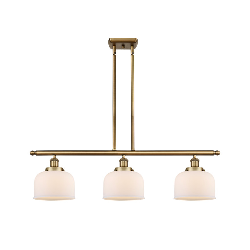 Cloche - 3 lumières d'îlot de 36 po - abat-jour de 8 po, Blanc mat, DEL, Laiton brossé