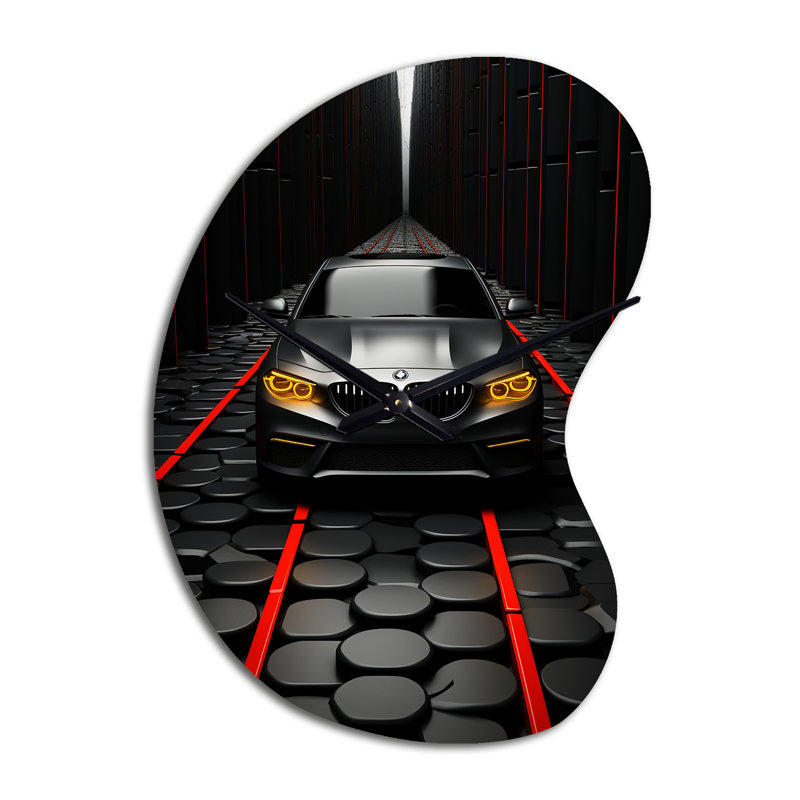 Black Car Abstract Background - Road Irregular Shape Metal Wall Clock, Red Asymmetrical Metal Wall Clock Print, Large