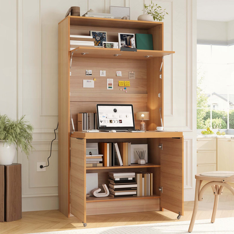 Compact Kitchen Pantry Buffet with Foldable Workstation and Power Outlet, Brown