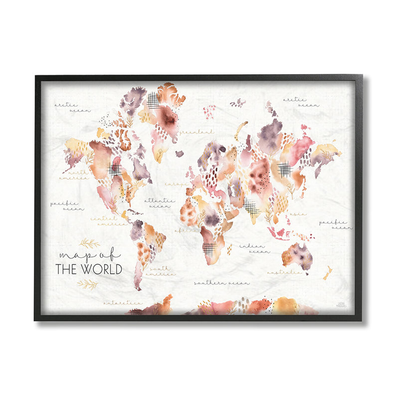 Carte du monde à fleurs abstraites ca-471, Giclée encadrée noir minuit, H 16 po x l 20 po x 1,5 po