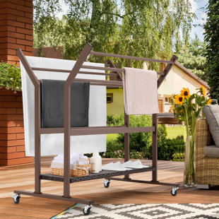 Pool Towel Rack Outdoor For Poolside Area Outside Pool Tower Holder With Wicker Storage Shelf Outdoor Free Standing Towel Drying Rack Stand With Wheels For Hot Tub Spa Brown