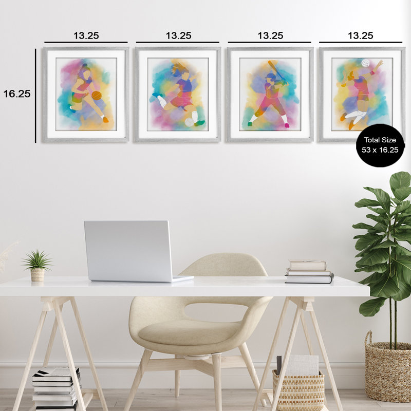 Ensemble de 4 impressions colorées pour femmes Sports encadrées sous verre, design par Marcus Prime, H 16 po x l 13 po