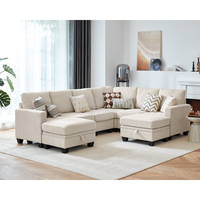 Latitude Run® Modular Sectional Couch| Corduroy L Shaped Sleeper Sofa, Sofa Bed Convertible Chaise With Storage Ottoman For Living Room Modern Furniture, 8 Seater Sleeper