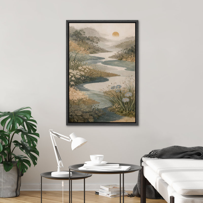 Golden Meadow River Valley avec fleurs sauvages et soleil couchant, impression sur toile, H 36 po x l 24 po, Noir