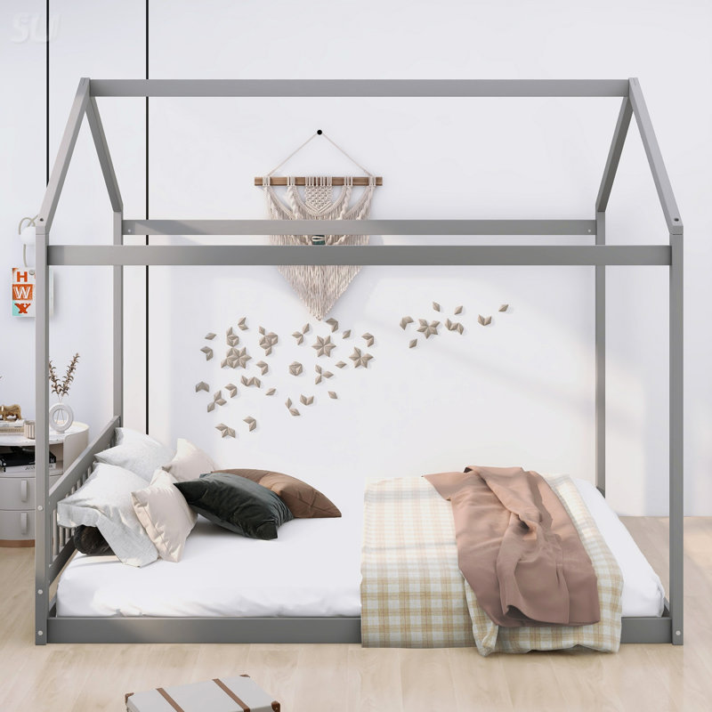Grand lit maison en bois avec tête de lit et lit, Gris