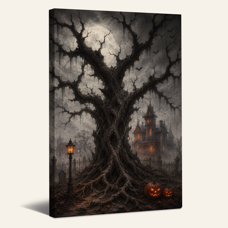 «Gnarled Tree and Haunted Mansion Under Full Moon», art mural sur toile, H 24 po x l 16 po