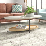 Beaumont Oval Coffee Table with Lower Tray Shelf, White & Natural Wood Finish, Metal Frame