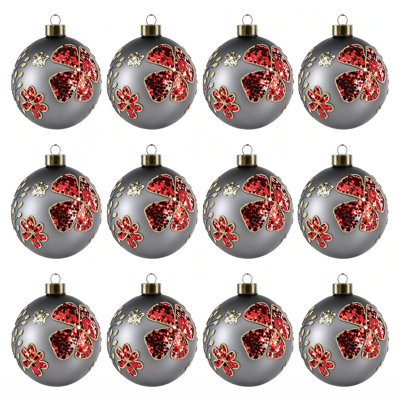 Ornement en forme de boule de Noël suspendue en forme de strass à motif de paillettes à motif de feuilles de paillettes rouges vintage 3 pouces gris