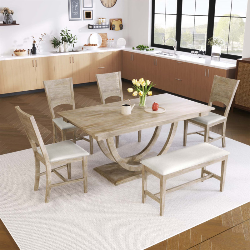 Ensemble de salle à manger demi-ronde en bois massif 6 pièces avec banc long et 4 chaises rembourrées, style marin moderne