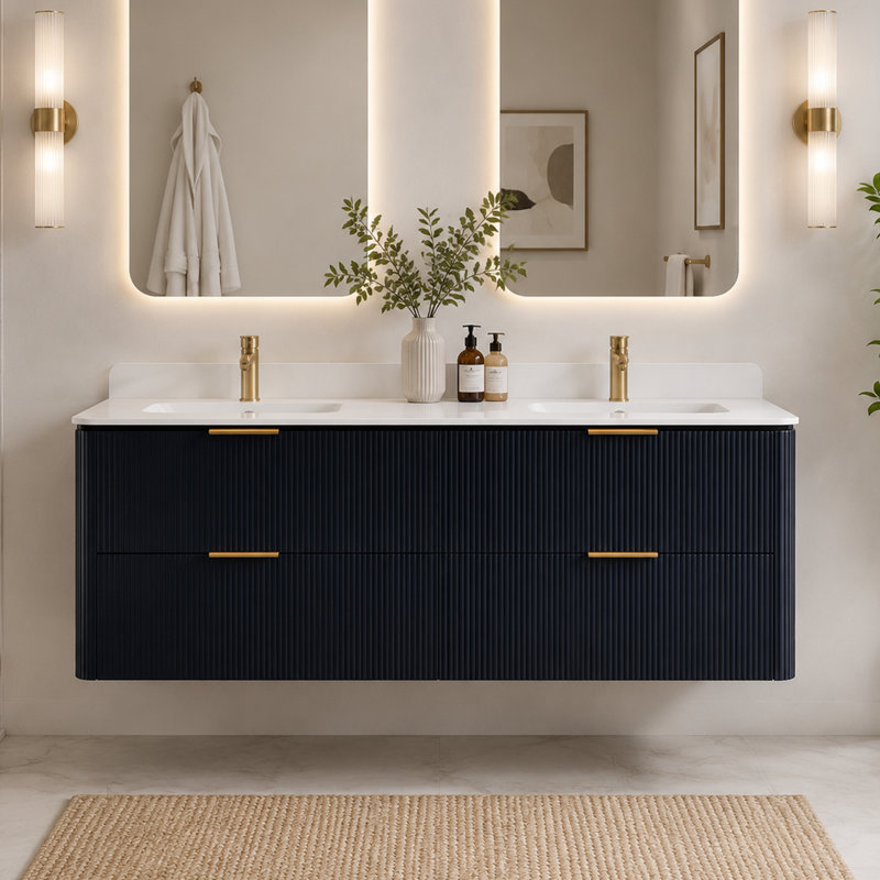 60" Black Fluted Floating Double Sink Bathroom Vanity, Wall Mount Cabinet with Integrated Acrylic Double Sink & 4 Soft Close Drawers