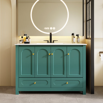 Ensemble de meuble-lavabo vert 48 po avec lavabo simple en résine, 4 portes à fermeture douce et 2 tiroirs