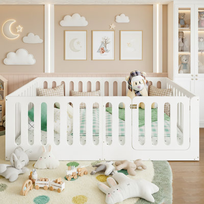 Floor Bed With High Fence And Door, Solid Wood Montessori Design For Kids, No Box Spring Needed