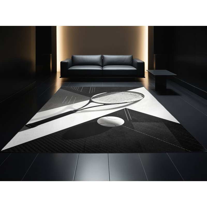 Machine Washable Marvale Tennis Racket Ball Modern & Contemporary Geometric Rug in Gray – Black Binding, 3x5