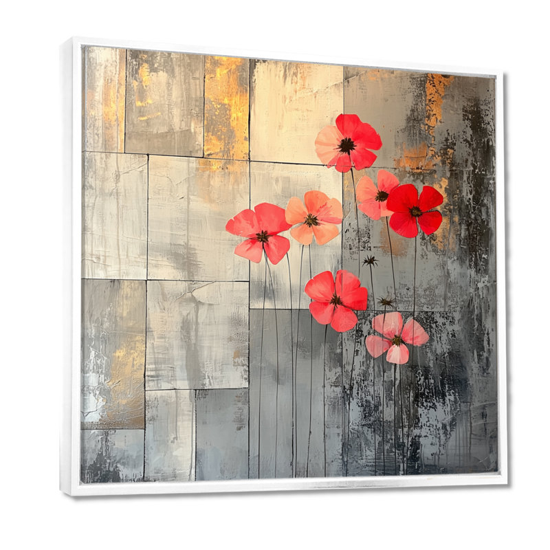 Fleurs de géraniums sur pierres - géraniums, art mural pour le salon, Impression encadrée flottante, H 16 po x l 16 po, Blanc