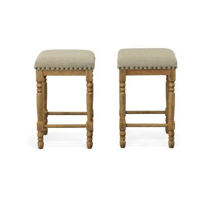 Elegant Beige 16" Square Seat Barstool with Nailhead Trim and Comfortable Foam Padding