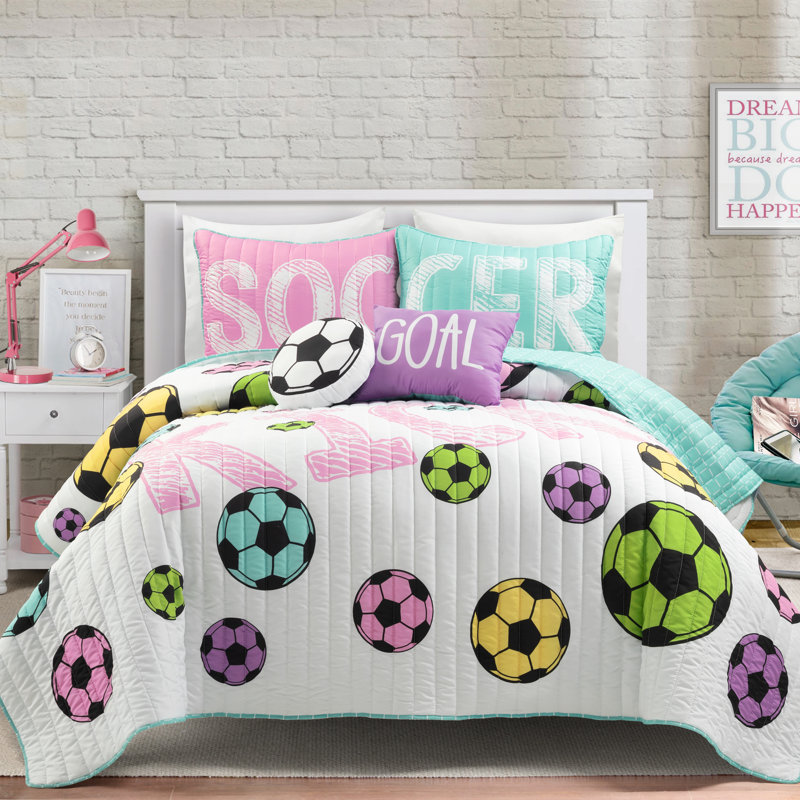 White and Turquoise Microfiber Reversible Soccer Quilt Set for Girls