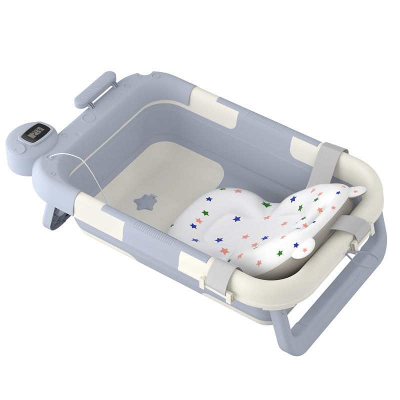 Foldable Baby Bath Tub Newborn Support Seat with Cushion & Thermometer Collapsible Infant Bathtub with Digital Display Soft Star Mat, Non-Slip Feet for Travel & Indoor Use