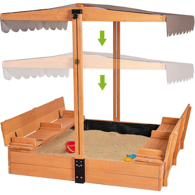 Kids Wooden Outdoor Sandbox w/Canopy, 2 Foldable Bench Seats, Retractable Roof Sand Protection Liner 47x47-Inch