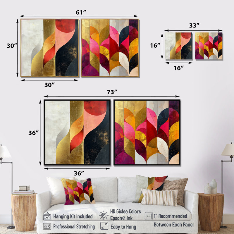 Motif géométrique doré rose et gris Pure Form III - art mural géométrique - décoration murale moderne 2 pièces