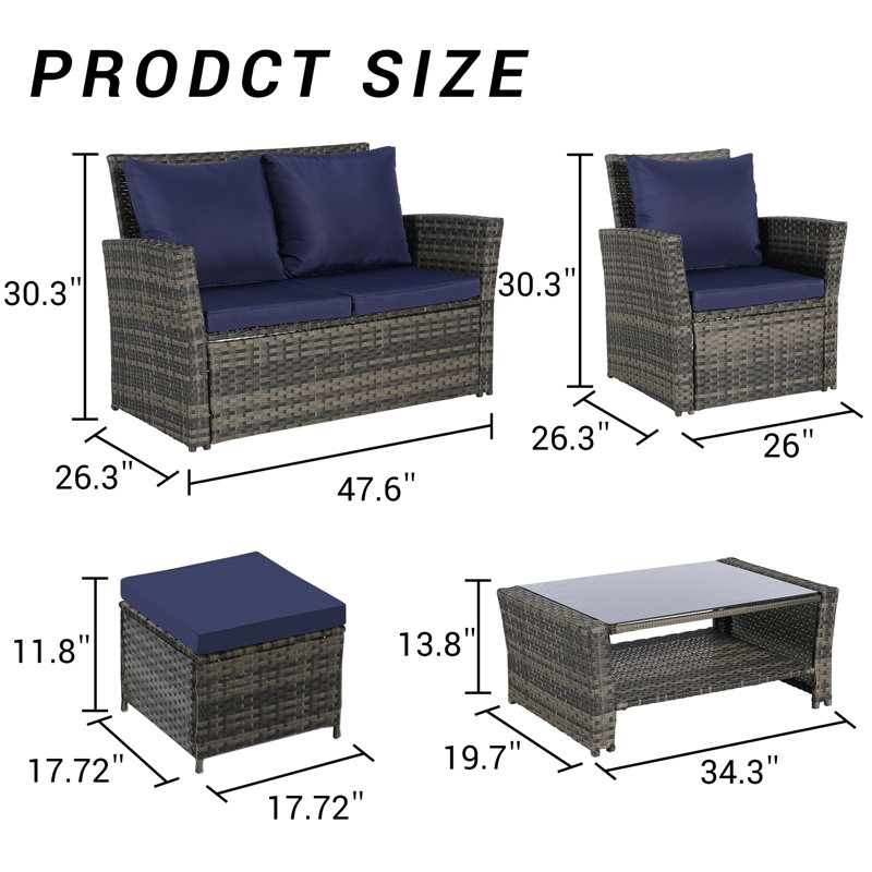 Ensemble de meubles de patio en osier 6 pièces avec repose-pieds et table basse en verre trempé, Bleu très foncé