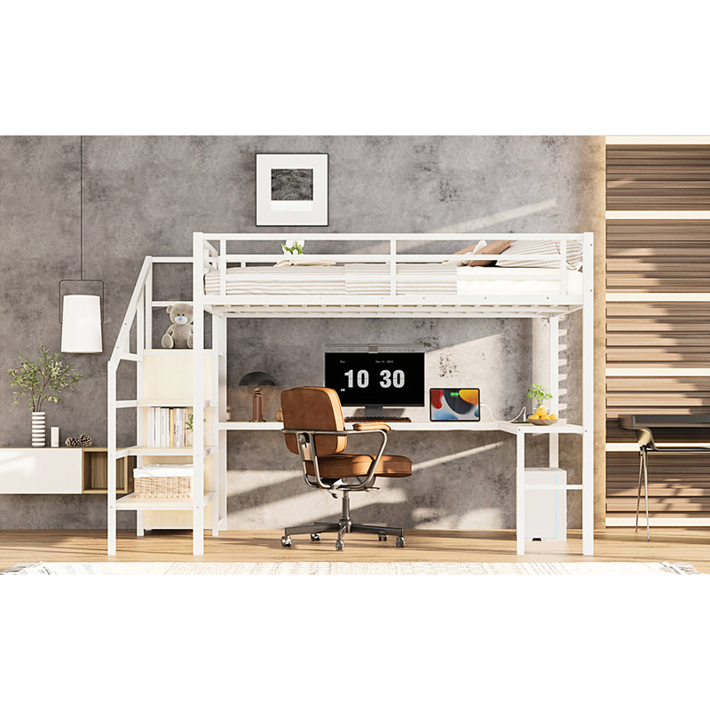 Grand lit mezzanine blanc à grain de bois avec escalier, charge, DEL et garde-robe pour l'organisation de la chambre à coucher, DEL, rangement intégré