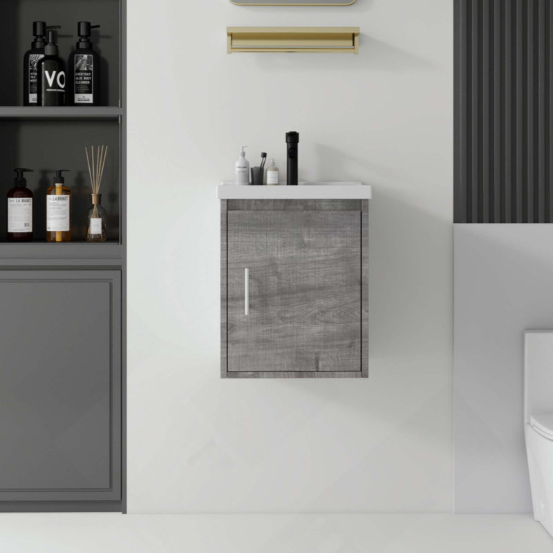 Meuble-lavabo flottant 16 po avec lavabo, porte à fermeture en douceur, lavabo en céramique, contreplaqué, Light Grey