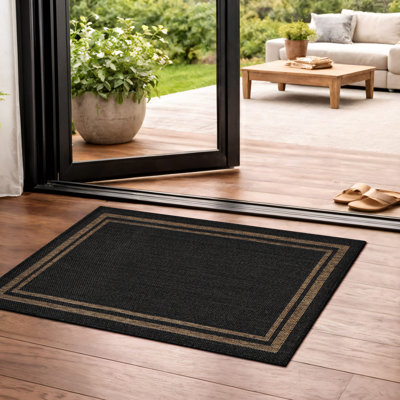 Border Dark Gray/Natural Easy-Care Jute-Style Indoor/Outdoor Flat Woven Area Rug