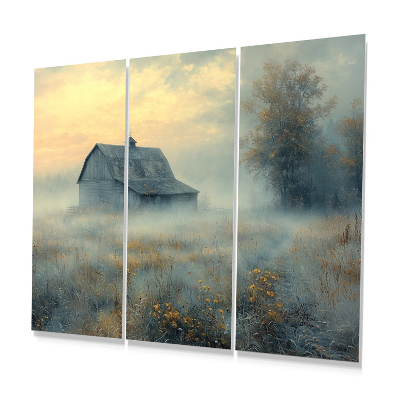 «Blue Misty Dawn Farmhouse IV», ensemble d'art mural de ferme, Métal métal, H 28 po x l 36 po x P 1 po