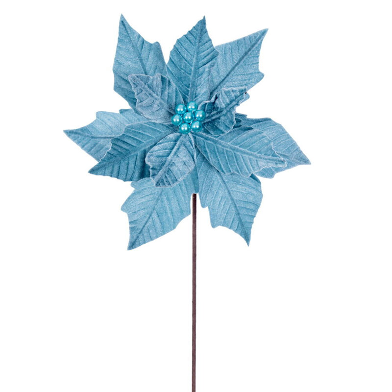 Tige de poinsettia en velours vert minuit 12 po x 20 po Il comprend quatre pièces par sac., Bleu clair