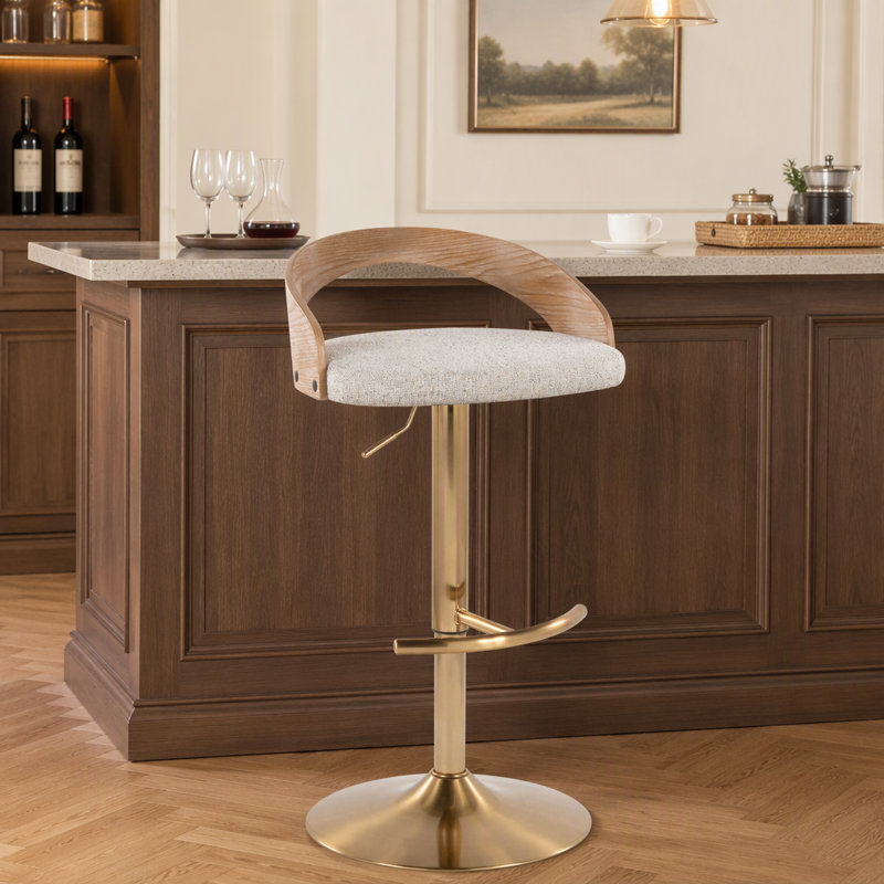 Tabouret de bar réglable avec pivot en métal doré, bois blanchi et tissu avoine avec repose-pieds arrondi en T - ensemble de 3