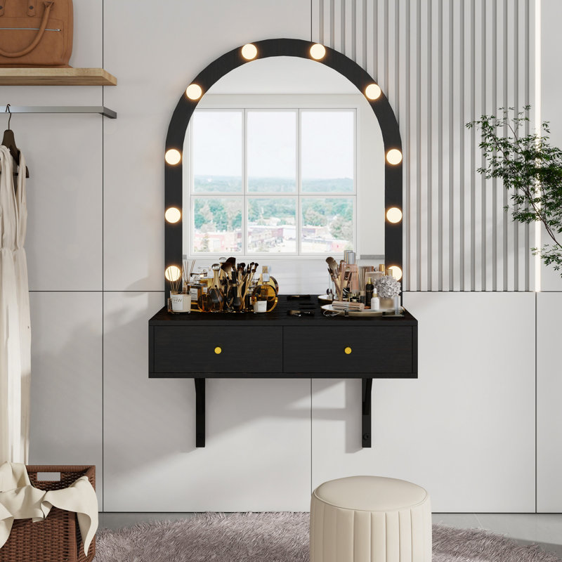 Meuble-lavabo flottant avec miroir et lumières tricolores, coiffeuse murale avec prise de courant, meuble-lavabo compact, grand rangement