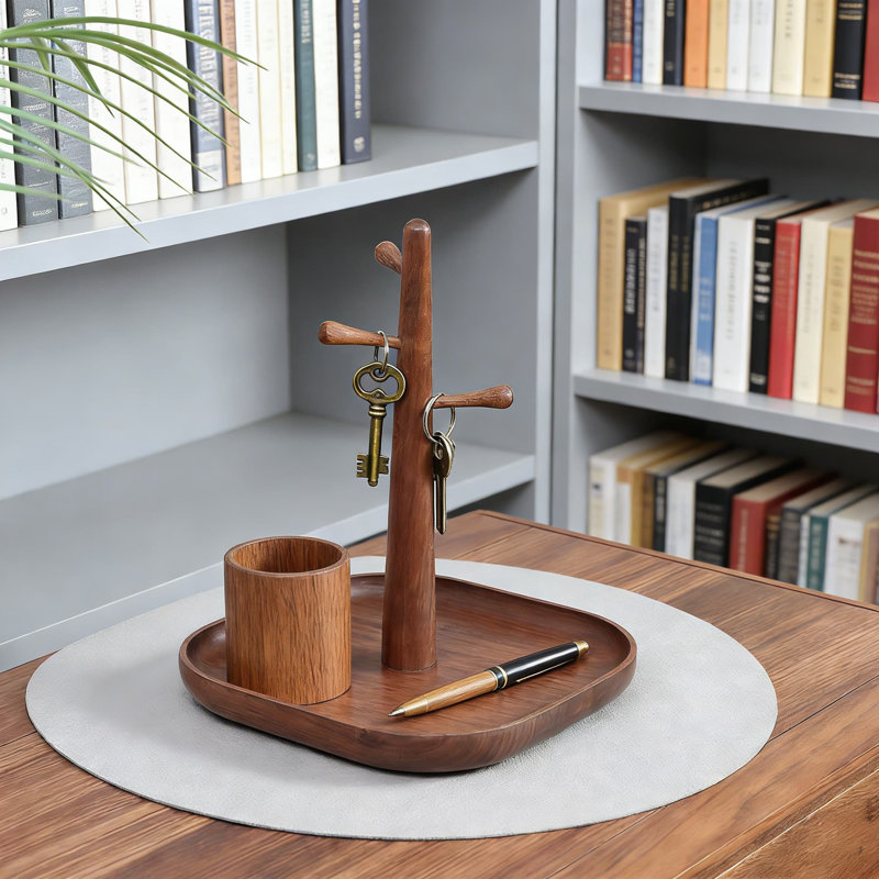 Porte-clés en bois de noyer fait à la main et organisateur de bijoux avec plateau, décoration d'entrée en forme d'arbre pour clés, bijoux et articles essentiels