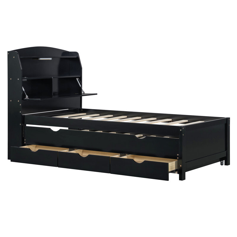 Lit plateforme en bois avec lit gigogne et tête de lit avec tiroirs, espresso, Lit simple