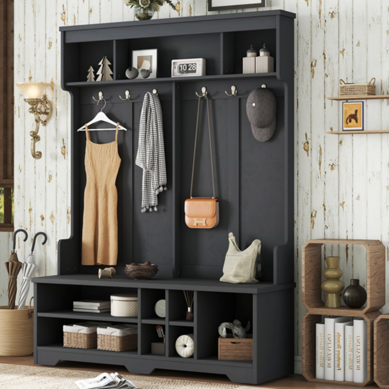 Modern Hall Tree With Metal Hooks, 3 Compartments, Shoe Cubbies And Wide Bench, Black