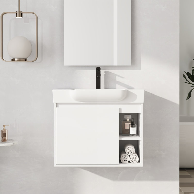 Oakshade 28'' Wall Mounted Single Bathroom Vanity Set with Ceramic Vanity Top, White, 28"