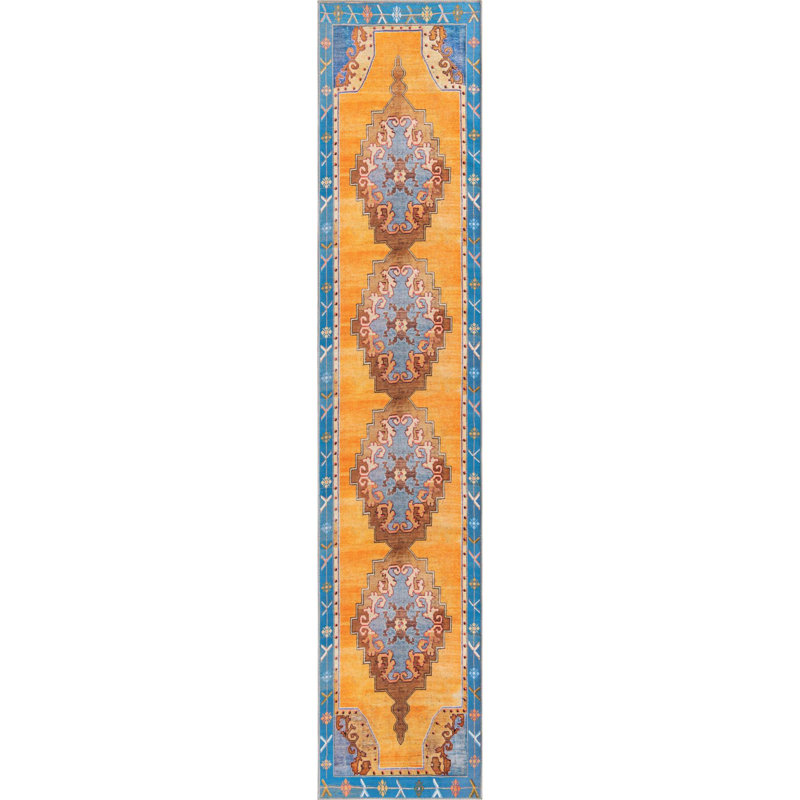 Tapis traditionnel de couleur bleu marine / orange, Tapis de couloir 2 pi 6 po x 12 pi