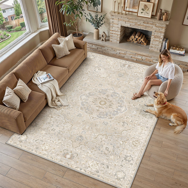 Tapis persan rétro Velora avec lavable à la machine et antidérapant, Ivory, Rectangle 6'x 9'