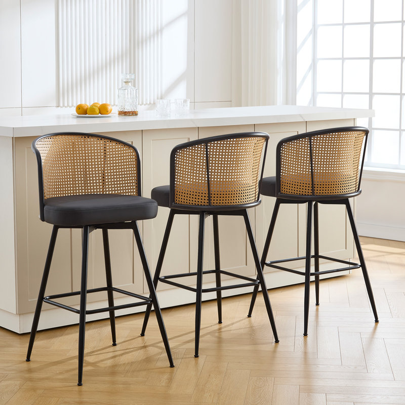 Cane Back Swivel Upholstered  Stool, Bar Stool (29” Seat Height), Black