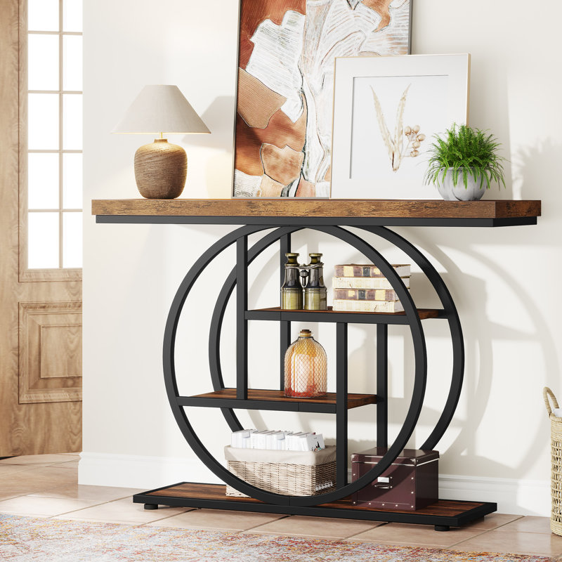 105 Cm Console Table with Storage Shelves, Black, Rustic Brown